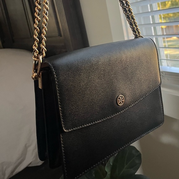 Authentic TORY BURCH Logo Chain Shoulder Bag Leather Black - Picture 3 of 13